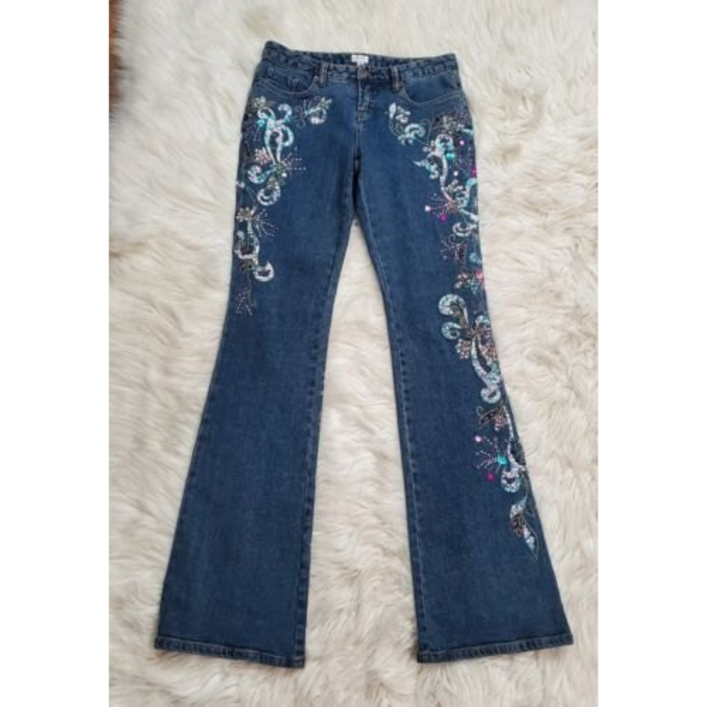 CACHE Womens Embellished Jeans Denim Sequins Beads Embroidery Bootcut Size 2